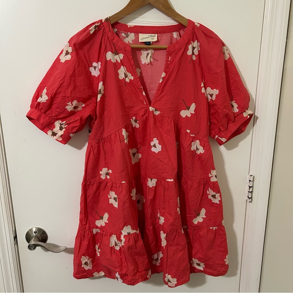 Universal Thread | Coral Floral Cotton Puff Sleeve Tiered Mini Dress | Small